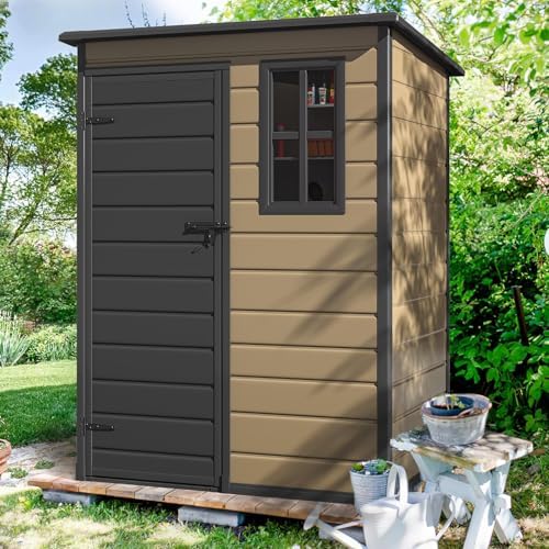 DWVO 5x3 FT Outdoor Storage Shed with Floor, All-Weather Resin Storage Shed with Lockable Door & Window, Waterproof Plastic Tool Storage for Garden, Backyard, Patio, Lawn, Brown - Image 2