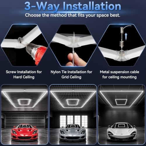 LZHOME LED Garage Lights: Super Bright Suspendable or Surface-Mounted Square Garage Lights, 5000K Natural White LED Lighting Hexagon Shop Light for Warehouse Gym Barber's Shop - Image 4