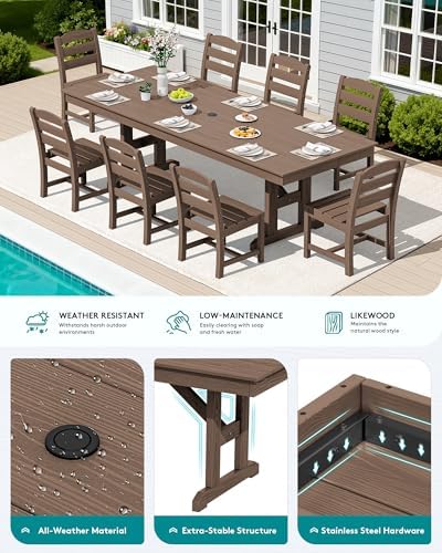 SERWALL 9Pcs 84" HDPE Outdoor Dining Set for 8 with Armless Chairs,Brown - Image 4