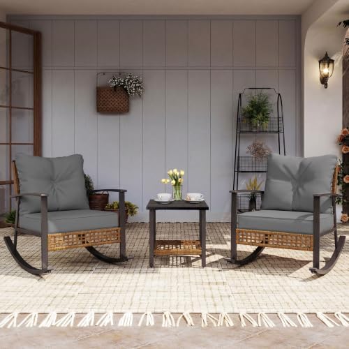 LAUSAINT HOME 3-Piece Rocking Bistro Set, Outdoor Patio Furniture with Thick Cushions and 2-Tier Coffee Table, Oversize Rattan Conversation Set for Garden, Balcony, Backyard (Grey) by LAUSAINTHOME