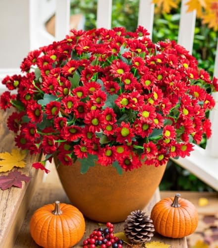 Daisy Artificial Flowers for Outdoors Autumn Fall Decoration, 6 Bundles Fake Mums Red Silk Flowers for Outside Look Real UV Resistant Fake Plants Faux Flowers for Planter Front Door Home Indoor Porch by INSPRING