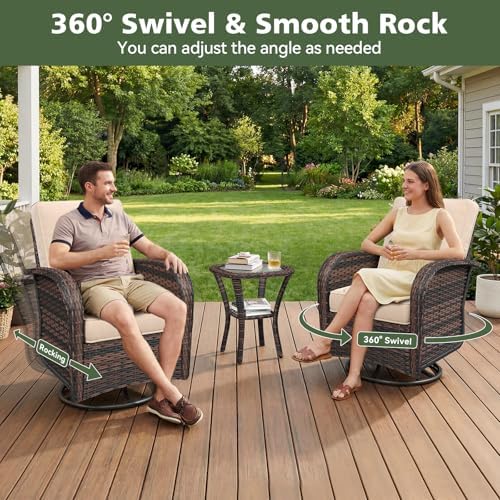 Aoxun 3 Piece Outdoor Patio Furniture Set with Side Table, Outdoor Patio Furniture Sets with High Back Swivel Rocker Chairs, Outdoor Sofa Set with Ottoman for Backyard & Garden, Beige - Image 3