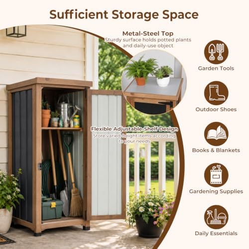 PetsCosset Small Outdoor Storage Cabinet Waterproof with Metal Top, Wood & Metal Outside Potting Bench Table Tool Organizer with Adjustable Shelf for Patio Backyard Garden - Image 3