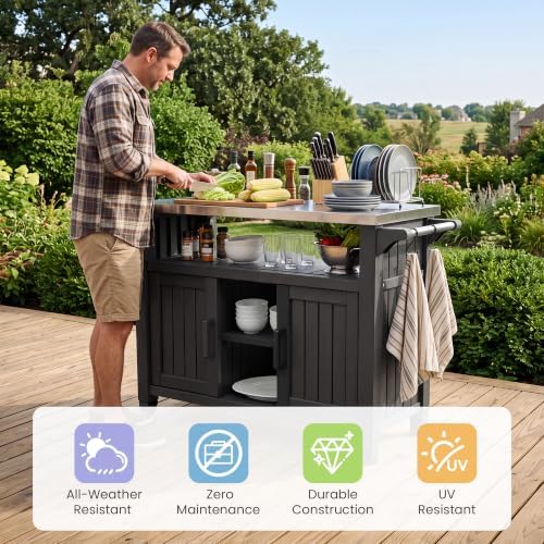 Bifanuo Outdoor Grill Table Grill Cart with Stainless Steel Top & Storage Cabinet for Food Prep and Storage, Portable and Durable with Wheels (Standard Black) - Image 2