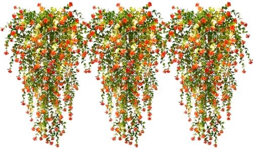 RECUTMS Artificial Plant, 3 Pack Hanging Plants with 30 LED Lights, 11.5in Eucalyptus, Orange Red, Indoor Outdoor Decoration by RECUTMS