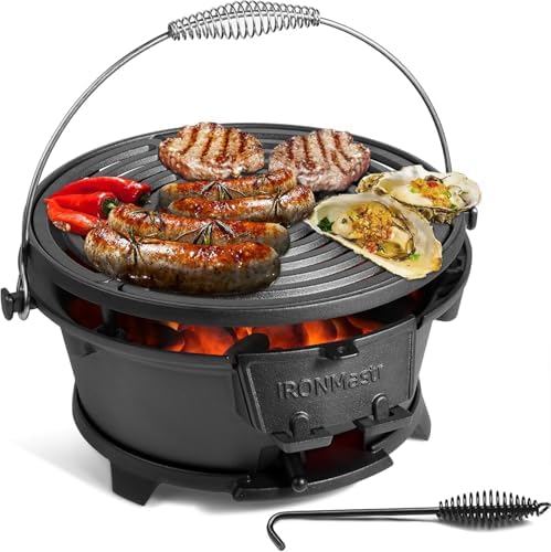 IronMaster Hibachi Grill, 100% Cast Iron, Tabletop Small Portable Charcoal Grill for Outdoor Camping - 2 Heights, Air Control, Coal Door, Ideal for 2 People by IronMasterGrills