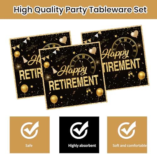 40Pcs Retirement Paper Plates and Napkins Party Supplies, Disposable Happy Retirement Decorations Party Plates Napkins Black Gold Tableware Set for Men Women - Image 5