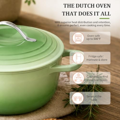 Winado 5 Qt Enameled Cast Iron Dutch Oven Pot with Lid, Green Ombre - Image 6