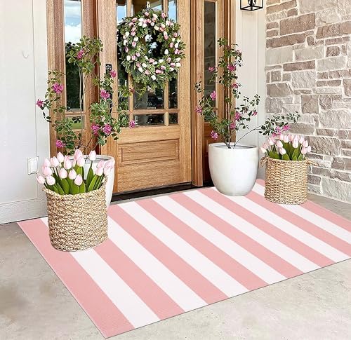 BUAGETUP Washable Outdoor Rug 3'x 5'Pink and White Striped Area Rug - Image 5