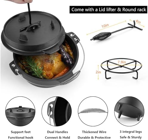 HaSteeL 7 QT Cast Iron Dutch Oven Pot with Lid Lifter & Camping Rack - Image 4
