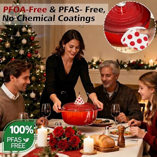 Umite Chef 6QT Enameled Cast Iron Dutch Oven with Lid, Versatile Heavy-Duty Cookware Pot for Baking Bread, Braising, Soups & Stews, Oven & Stovetop Safe with Heat Resistant Gloves（Red） - Image 4