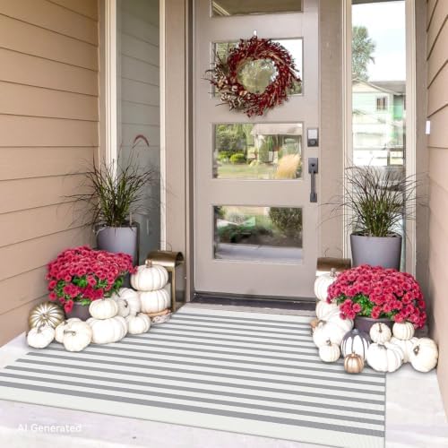 IOHOUZE 3x5 Striped Outdoor Rug, Washable Front Porch, Grey White by iOhouze