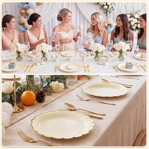 NatNarr 30 Pk Ivory Paper Plates 9" Scalloped Cream Plates with Gold Rim - Image 6