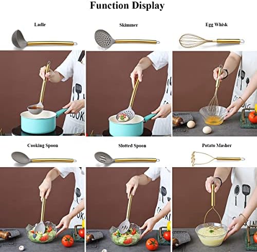 38 Piece Silicone kitchen Cooking Utensils Set with Utensil Rack, Silicone Head and Stainless Steel Handle Cookware, Kitchen Tools for Utensil Sets, Non-Stick kitchen Gadgets, Dishwasher Safe (Gold) - Image 6