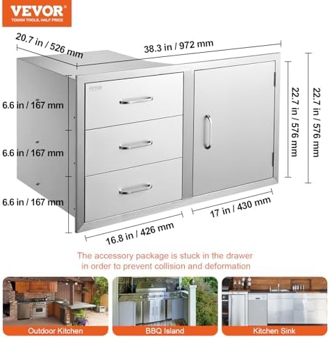 VEVOR Outdoor Kitchen Drawers 38.1"W x 22.6"H x 20.8"D Stainless Steel - Image 3