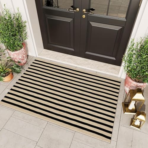OJIA Washable Outdoor Rug 3'x5' Black and Tan Striped Porch Rug Patio Rugs - Image 6