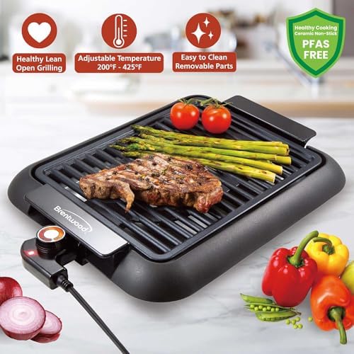 Brentwood 1200W Electric Smokeless Indoor Grill with Ceramic Non-Stick Surface, Adjustable Temperature, and Dishwasher Safe Parts, 12.6” x 10”, Black - Image 2