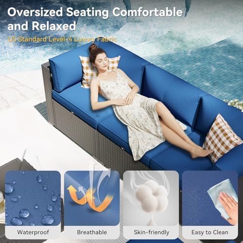 Aoxun Patio Furniture Set, 7 Piece Outdoor Sectional Sofas with Think Cushions, Wicker Rattan Outdoor Furniture Patio Conversation Set for Backyard, Garden Navy Blue - Image 3