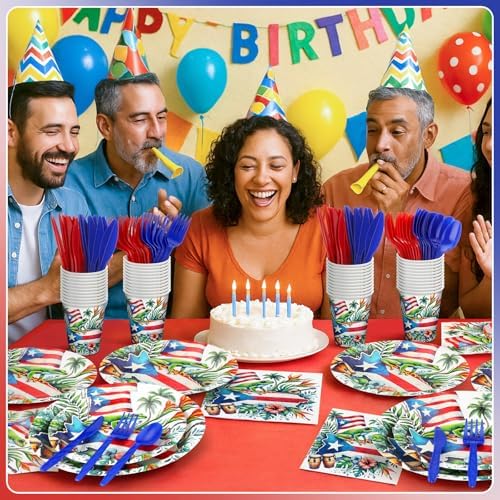 FoldTier 560 Pcs Puerto Rico Party Supplies Disposable Paper Plates Napkins Cups Puerto Rico Theme Birthday Party Decorations Tableware Flag Frog for Holiday Festival Family Serve 80 Guests - Image 5