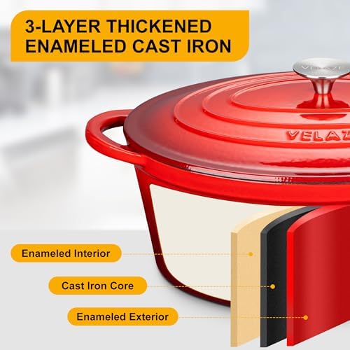 Velaze 7.5 QT Oval Enameled Cast Iron Dutch Oven Pot with Lid,Red - Image 3