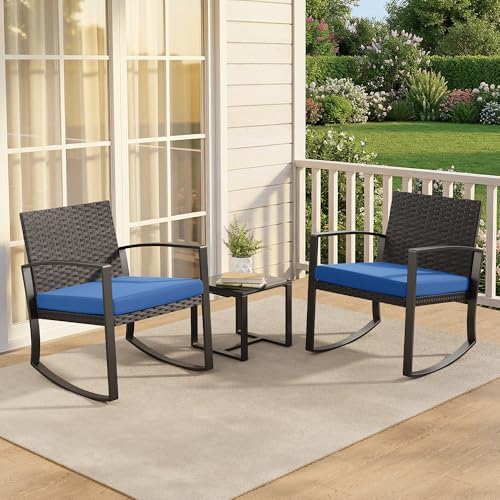 Qsun 3 Piece Patio Bistro Set Patio Furniture Set Outdoor Wicker Rocking Furniture Conversation Set with Tempered Glass Coffee Table for for Front Porch Balcony and Deck (Blue Cushion) - Image 6
