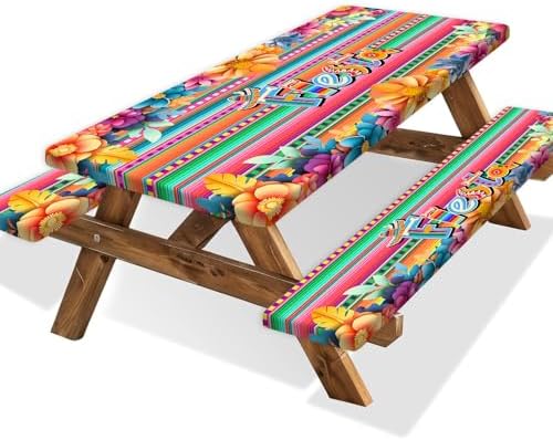 Mexican Fiesta Picnic Table Cover with Bench Covers, Cinco de Mayo Fiesta Waterproof Windproof, Camping Essentials, Fitted Tablecloth Cover with Elastic Edge, for Garden & Outdoor, 3 PCS, 30x72 Inch by Xguatan