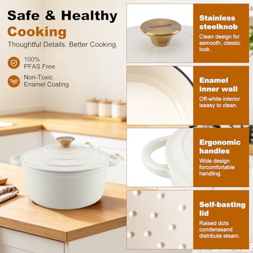 Enameled Cast Iron Round Dutch Oven -7QT Pot With Lid,Cream - Image 6