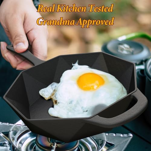 Cast Iron Skillet with Lid,Pre-seasone Mini Cast Iron Smoker Skillets & Egg Pan with Assist Handle, 6.5 Inch Octagonal Design Frying Pan for Searing, Baking, Grilling, Roasting (Skillet-1) - Image 6