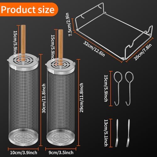 2PCS Rolling Grill Basket Grilling Accessories - Removable Wooden Handle, 304 Stainless Steel,Nesting Barbecue Tools,Smoker BBQ Accessories for Vagetable,Outdoor Cooking Camping,Picnic,Dinner Party,Gifts for Men Dad and Husband - Image 2