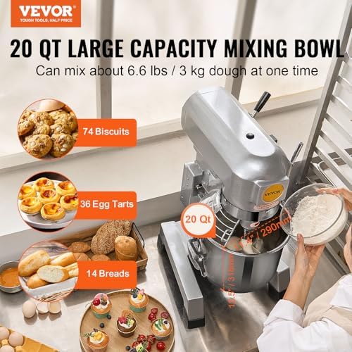 VEVOR Commercial Food Mixer 20Qt, Commercial Mixer with 3 Adjustable Speeds, 1100W Dough Mixer,Commercial Stand Mixer with Stainless Steel Bowl - Image 2