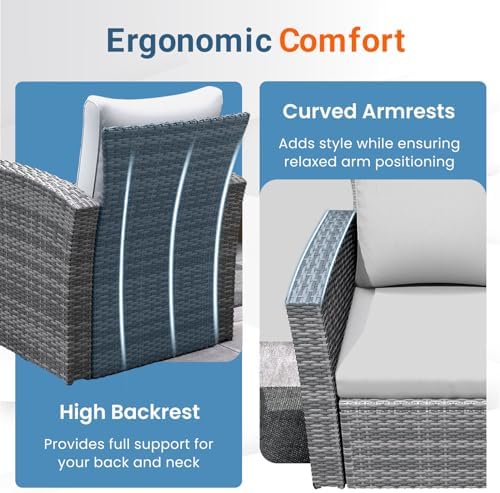 Wisteria Lane 4 Piece Patio Furniture Set, Wicker Outdoor Patio Conversation Furniture Set, All Weather Outdoor Patio Sofa with Cushion and Glass Table, Light Gray - Image 6
