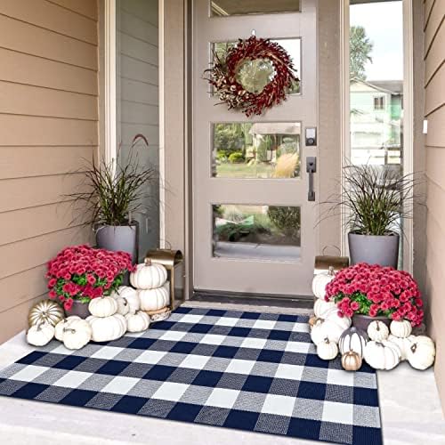 IOHOUZE 3x5 Buffalo Plaid Outdoor Rug, Washable Front Porch, Navy White by iOhouze
