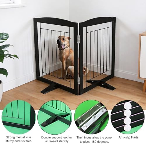 ZJSF Freestanding Dog Fence Indoor, Foldable Dog Gate for Doorways, Stairs or Hallways, Sturdy Wood Extra Wide Pet Gate with Support Feet for The House, Black, 24 "Height-2 Panels - Image 5