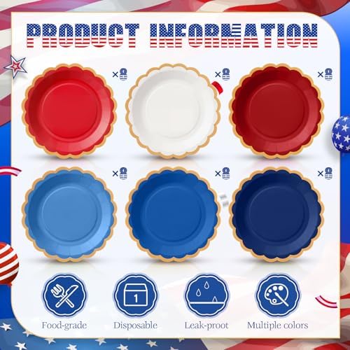 48 Pcs 4th of July Paper Plates 9 Inch Red White and Blue Scalloped Paper Disposable Dinner Dessert Plates for Independence Day 250th Anniversary Party Birthday Wedding Decoration, 6 Colors - Image 3