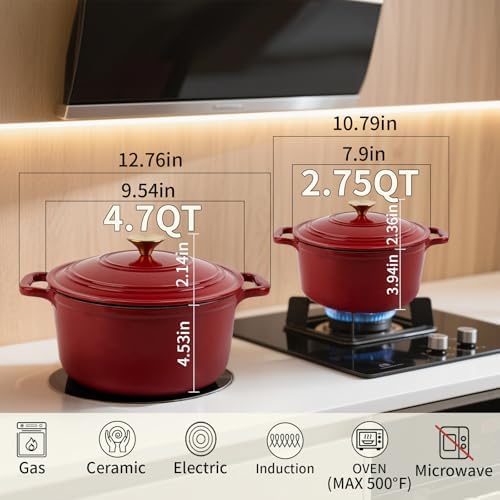 Enamel Cast Iron Dutch Oven with Lid, Round Casserole Pot for Bread Baking, Braising, Roasting, and Stews, Heavy-Duty, Oven Safe, Induction Compatible (4.7QT,Red) - Image 3