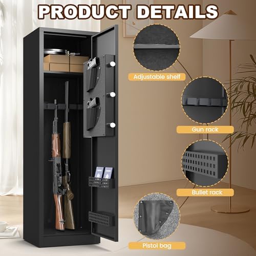 5-8 Gun Safe, Gun Safe for Rifles and Pistols, Long Quick Access Gun Cabinet with Digital Keypad, Adjustable Gun Racks, Alarm System, Mute Mode, Rifle Safe for Home Office, Assembled - Image 4