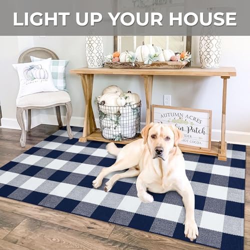 IOHOUZE 3x5 Buffalo Plaid Outdoor Rug, Washable Front Porch, Navy White - Image 5