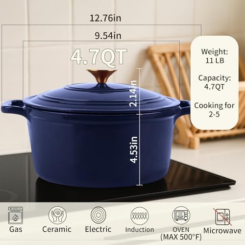 Enameled Cast Iron Dutch Oven with Lid&Silicone Grip, Round Casserole Pot for Bread Baking, Braising, Roasting,Stews,Heavy-Duty Baking Pan,Oven Safe, Induction Compatible (4.7QT,Indigo) - Image 2