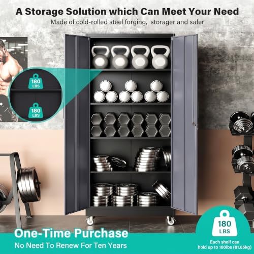 SISESOL 75" Tall Black Gray Metal Storage Cabinet with Wheels and Shelves - Image 5