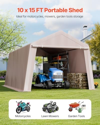 VEVOR 10 x 15 ft Outdoor Storage Shed Tent with Heavy-Duty Steel Frame, 2 Roll-Up Doors & Air Vents, Waterproof Portable Garage Carport Shelter for Motorcycle, Lawn Mower, Garden Tools, Beige - Image 2