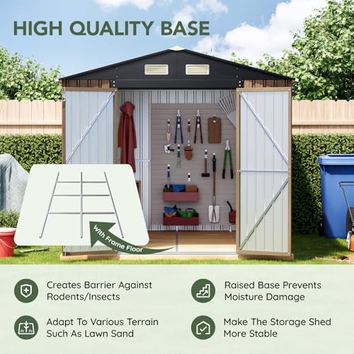 10 x 8 FT Storage Shed with Floor Frame for Backyard, Brown - Image 3