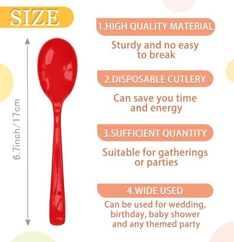 SietDESEO 25 PCS Red Plastic Spoons Disposable Utensils Heavy Duty Red Spoons Disposable Cutlery for Birthday Wedding Baby Shower Bridal Shower Plastic Silverware - Image 3