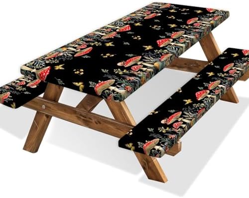 Mushroom Picnic Table Cover with Bench Covers, Camping Essentials, Waterproof Windproof Camping Tablecloth, Fitted Tablecloth Cover with Elastic Edge, for Indoor & Outdoor, Garden, 3 PCS, 30x60 Inch by Xguatan