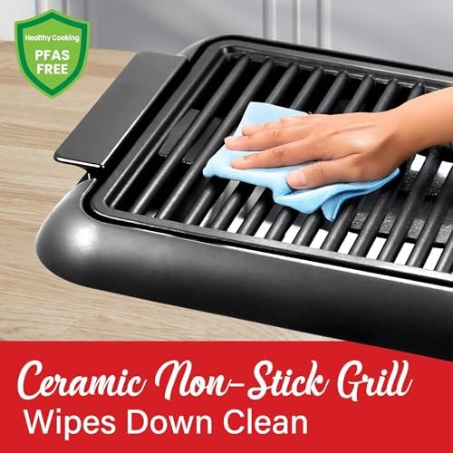 Brentwood 1200W Electric Smokeless Indoor Grill with Ceramic Non-Stick Surface, Adjustable Temperature, and Dishwasher Safe Parts, 12.6” x 10”, Black - Image 4