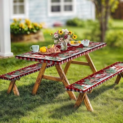 Christmas Picnic Table Cover with Bench Covers and Bag, Camping Essentials, Red Plaid Xmas Waterproof Windproof, Fitted Tablecloth Cover with Elastic Edge, for Indoor & Outdoor, 3 PCS, 30x72 Inch - Image 3