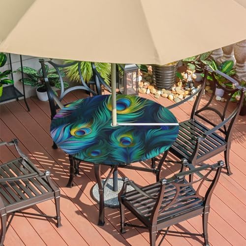 Fitted Round Tablecloth with Umbrella Hole and Zipper Peacock Outdoor Elastic Table Cloth 36"-44" Oil-Proof Waterproof Peacock Feather Patio Table Cover for Picnic Party - Image 7