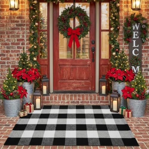 MUBIN Cotton Buffalo Plaid Rug, 27.5x43 Black and White Outdoor Rug Front Door Decorative Mat, Washable Doormat Foldable Area Rug Layered Door Mats Rug for Front Porch, Entryway, Patio (Pack of 2) - Image 5