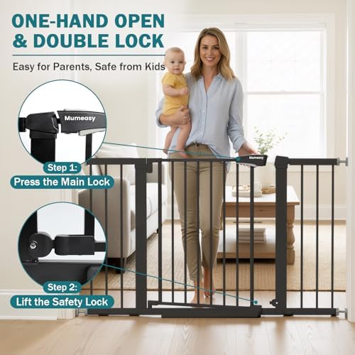 Mumeasy 29.7–48" Baby Gate for Stairs, Dog Gate for Doorways, Auto Close Child Gate, Indoor Safety Pet Gate with Walk Thru Door, Easy Install Pressure Mounted Extra Wide Gate for Kitchen, House, Black - Image 4