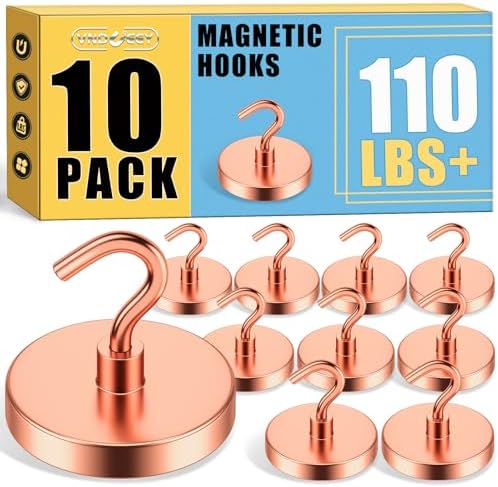 VNDUEEY Magnetic Hooks Heavy Duty, 110 Lbs Strong Magnets with Hooks for Cruise, Super Neodymium Earth Magnets Hook for Refrigerator, Magnets Metal Hook for Classroom, Kitchen,Garage (Rose, 10 Pack) by VNDUEEY