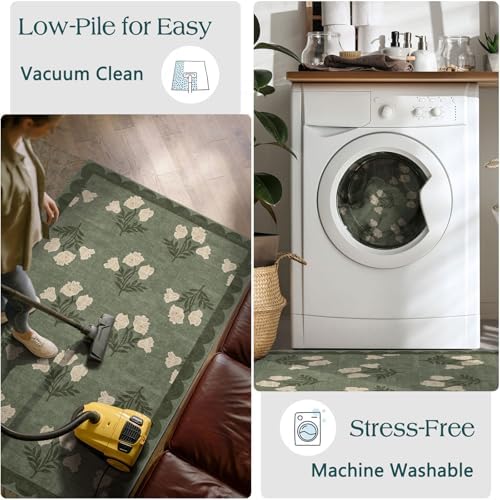3x5 Floral Entry Rug - Small Washable Indoor Outdoor Mats for Front Door Non-Slip Spring Porch Rug Sage Green Farmhouse Throw Rugs for Living Room Bedroom Entryway Kitchen Office Porch Decor - Image 6